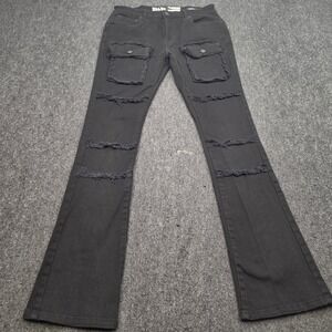 Spark Flare Cargo Jeans Mens 32x36 Black Distressed Frayed Studio Collection